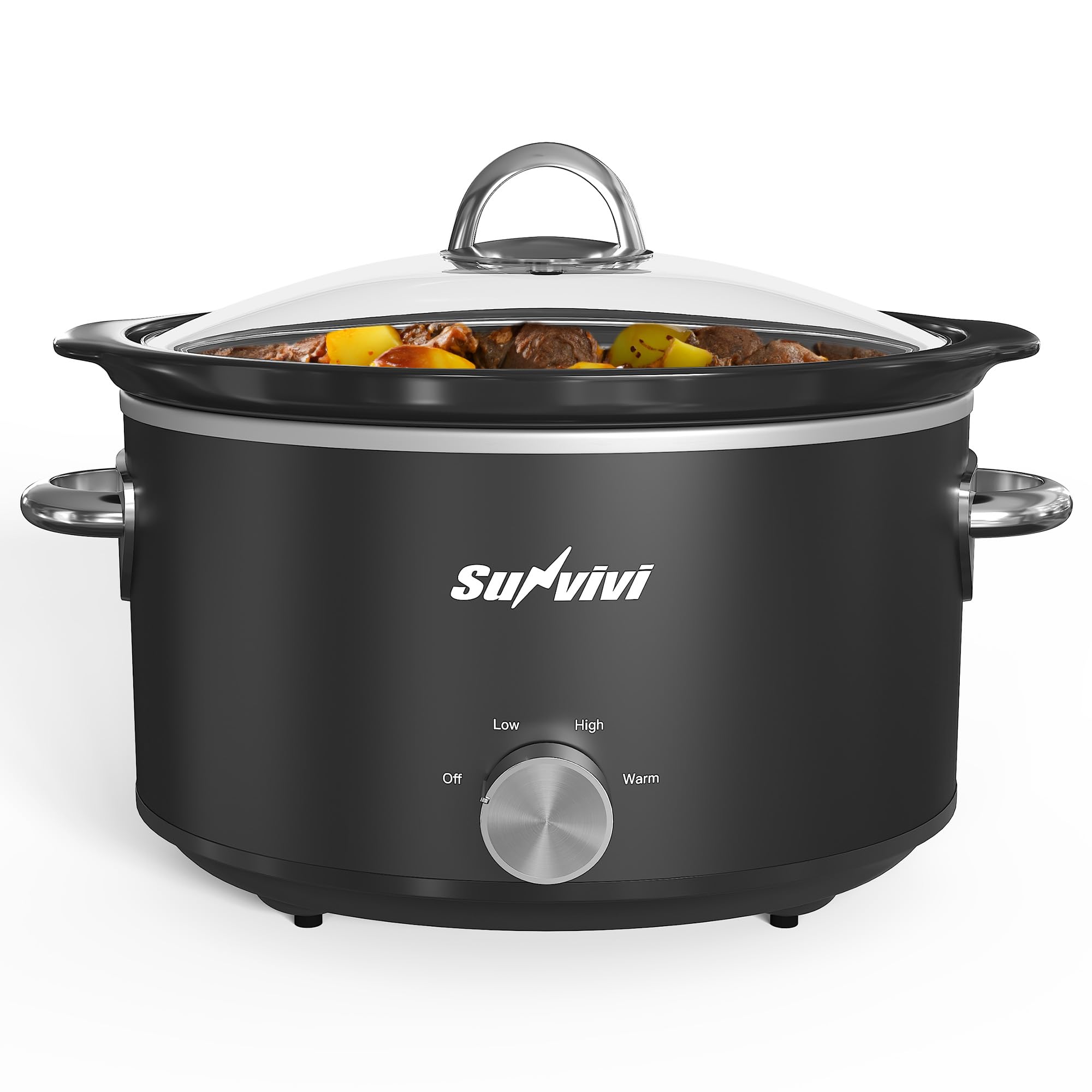 Small Slow Cooker 4QT, Mini Food Warmer with 3 Heating Settings, Removable Ceramic Pot, Dishwasher Safe Glass Lid, Stainless Steel, Black