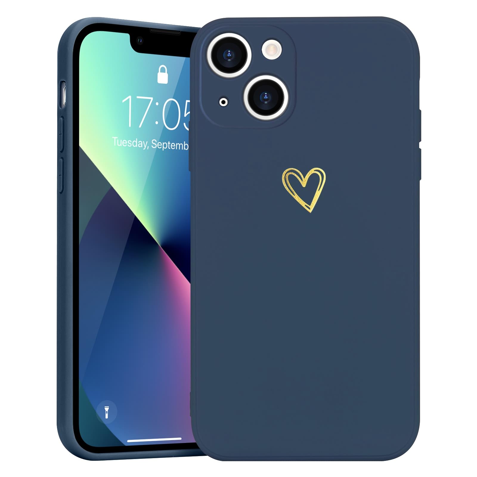 Wirvyuer Kompatibel mit iPhone 13 Handyhülle Mädchen,Dunkelblau | Gold Süßes Liebesherz Hülle, Stoßfest Schutzhülle für Damen und Mädchen, Weich Silikon Handyhülle, Slim Cute Gold Love Case