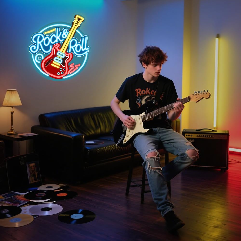 RuCvixkt Letreros de neón Rock Roll para decoración de pared, letrero de neón LED regulable para estudio de música, salón, bar, club, regalo para niños y niñas amantes de la música