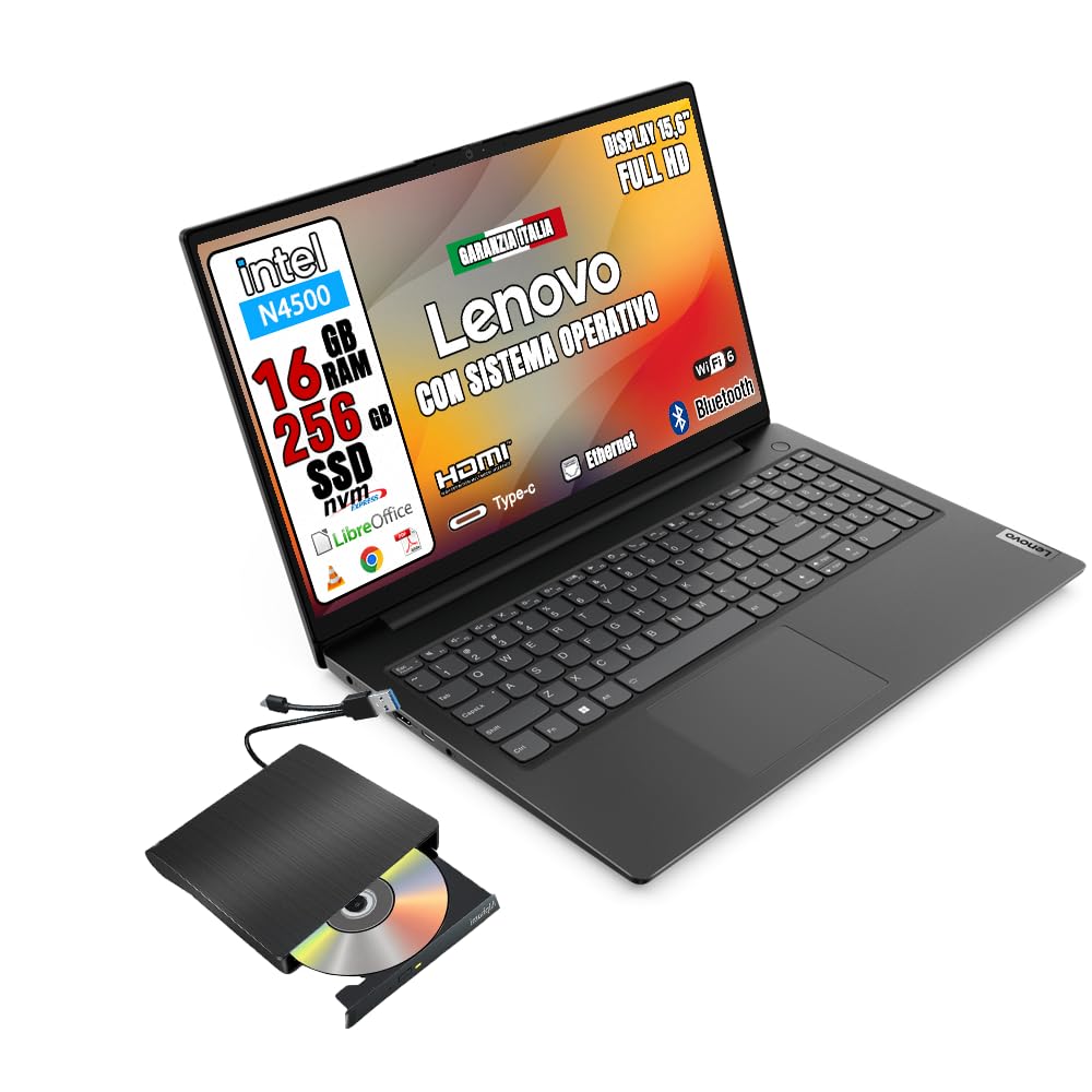 Lenovo Notebook nuovo • Ram 16gb • cpu Intel N4500 • Monitor 15.6" Full HD • ssd 256 • Ingresso lan, hdmi, USB • Sistema operativo win 11 PRO e Libre Office • LETTORE DVD-RW ESTERNO