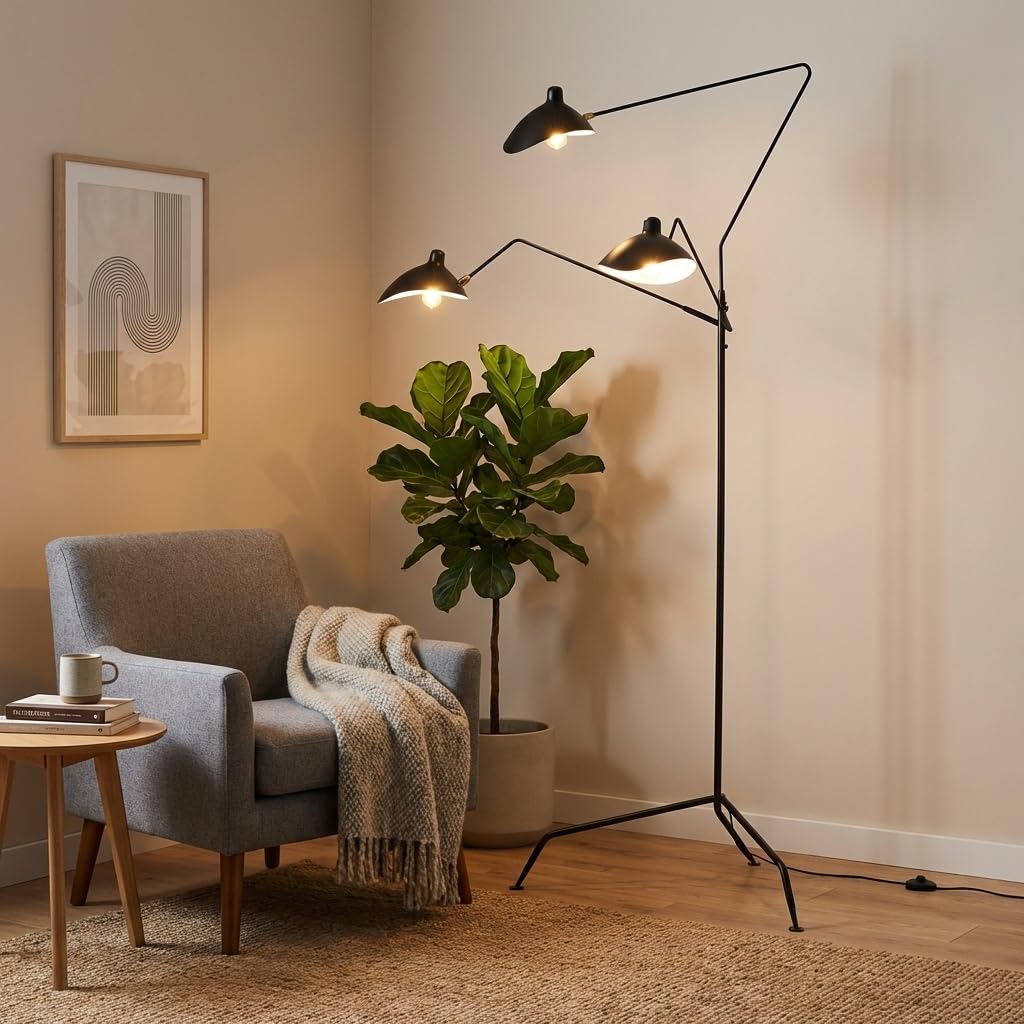 BARCELONA LED Lampa stojąca duża i wysoka czarna w stylu industrialnym vintage, 3 regulowane światła E27, solidny metal, nowoczesny retro design do salonu, sypialni, biura i kącika do czytania