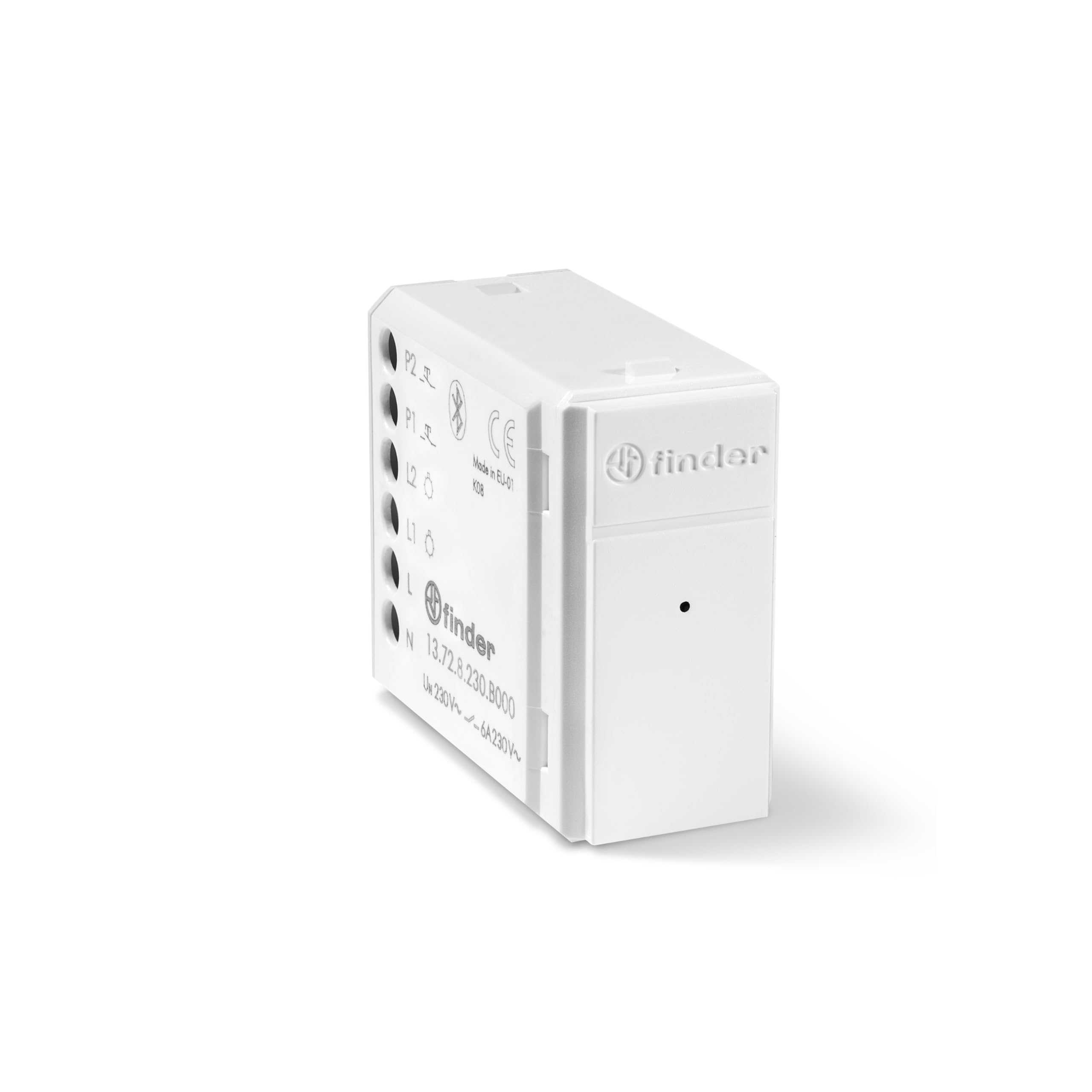 Finder Relè multifunzione connesso Bluetooth YESLY Tipo 13728230B000. 2 contatti. Adatto per controllo luci, tapparelle e tende elettriche. Programmabile tramite App Finder YOU. Colore Bianco