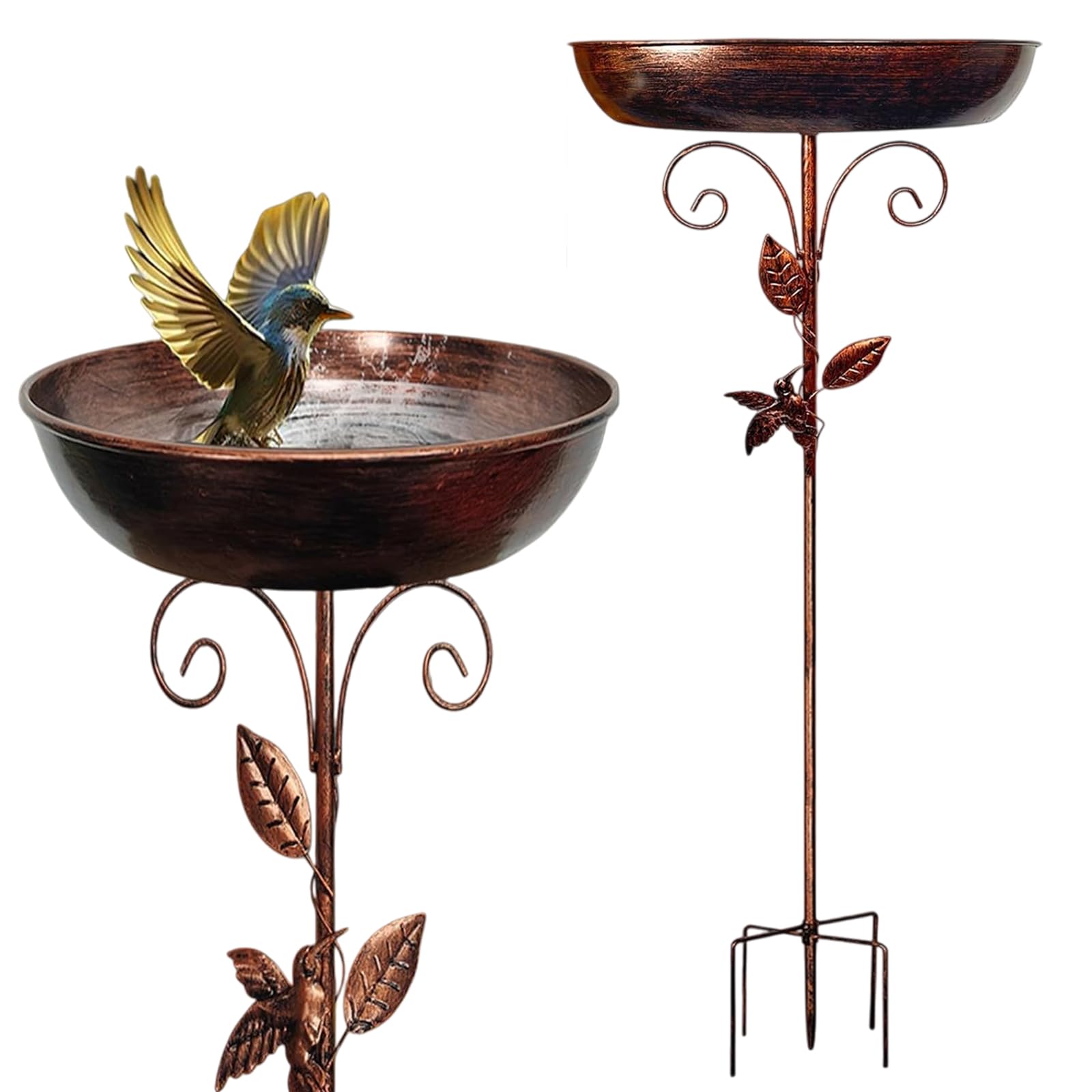 Bain d'oiseaux debout pour oiseaux - Bain d'oiseaux pour le jardin - Bain d'oiseaux avec oiseau et feuille - Base améliorée à 5 dents - En métal - Pour terrasse, cour, décoration de pelouse