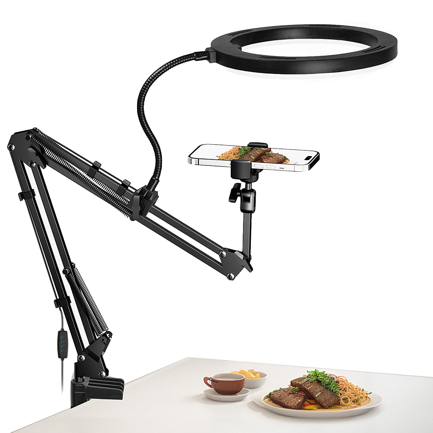 Phone Stand for Recording, Overhead Camera Mount with Ring Light, Adjustable Desk Arm Stand for iPhone, Desk Tripod for YouTube Live Stream Cooking Nail Video Recording (Black)