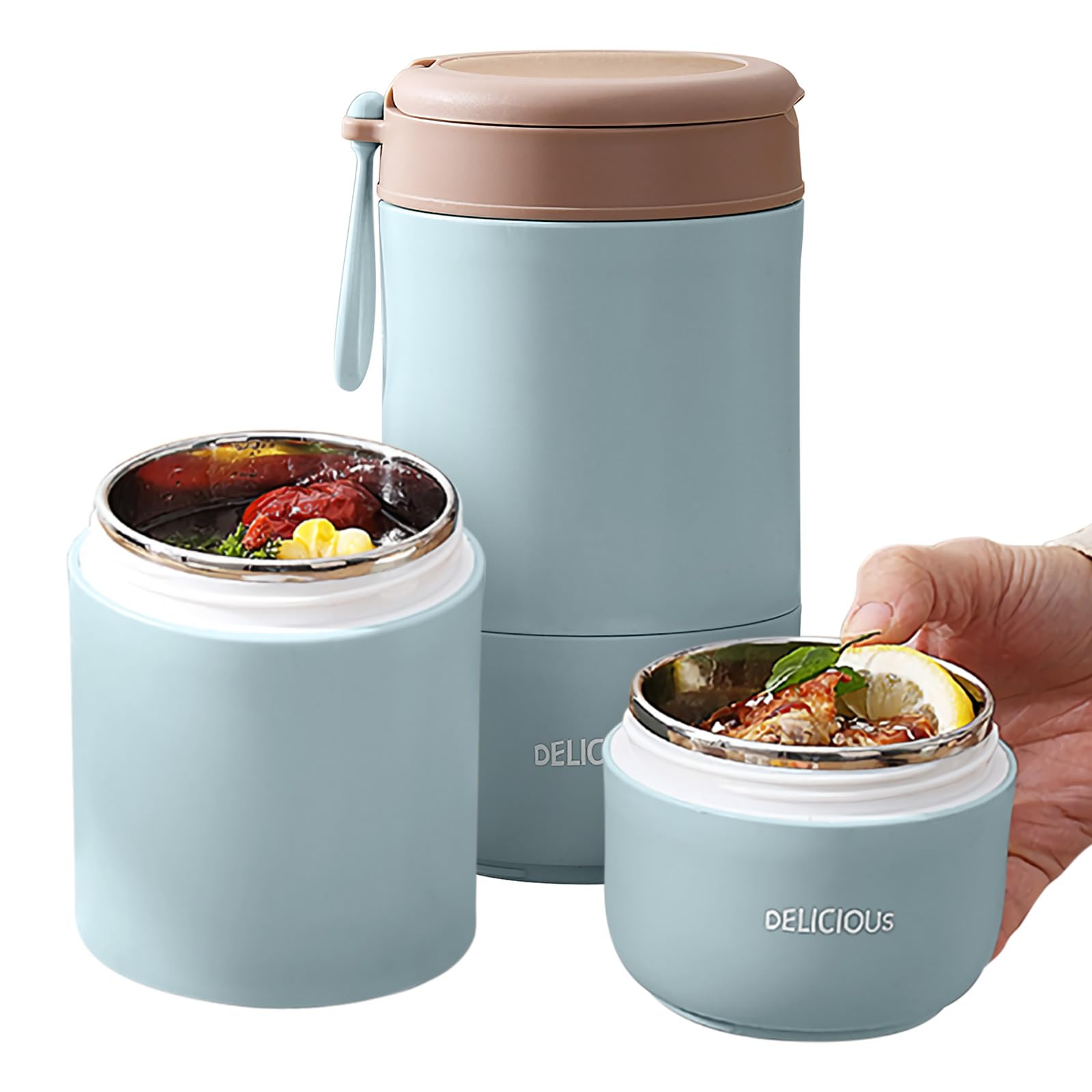 Contenitore per alimenti isolato a tenuta stagna da 15 once, thermos in acciaio inossidabile, isolamento sottovuoto, con cucchiaio, per scuola, lavoro, picnic (blu, doppio strato)