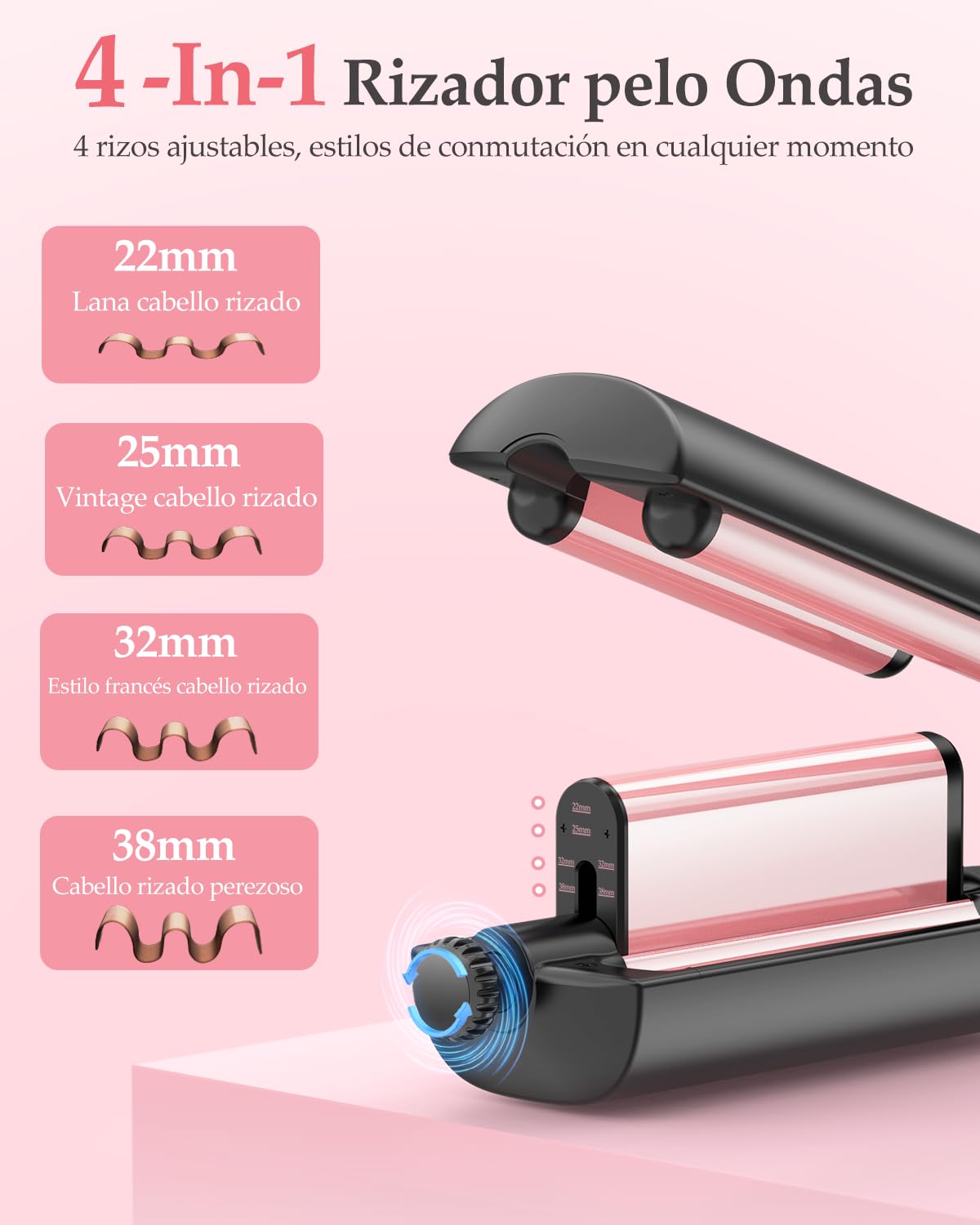 4 In 1 Ajustable Rizador Pelo Ondas - 22/25/32/38mm Plancha Pelo Ondas 3 Barriles Ondulador de Pelo Iónico, Anti-escaldamiento, Pantalla Digital, 4 Temperatura(140°C-210°C), Oro Rosa