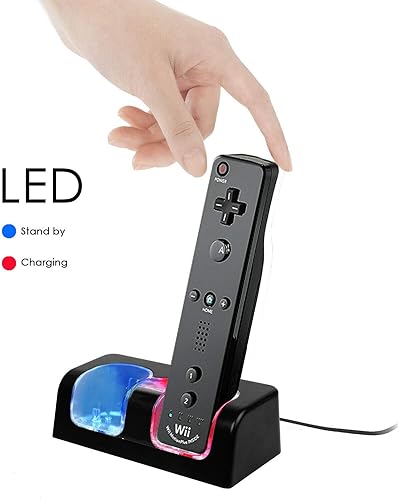 Miniatura 4 de Estación de carga Wii, base de carga dual con dos baterías recargables de 2800 mAh para control remoto Wii (negro)