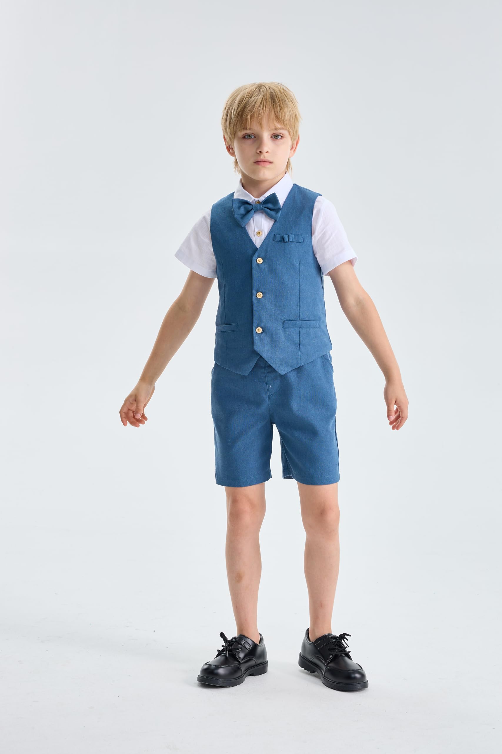 LOLANTA Kinder Leinenanzug Sommer Anzug mit Weste Shorts Set Fliege