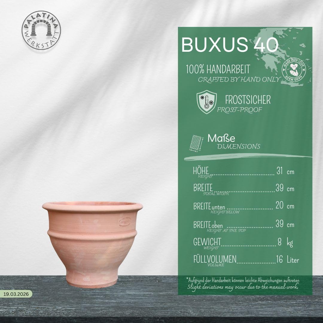 Palatina Werkstatt Vaso per piante in terracotta, 40 cm, resistente all'inverno, per balcone, terrazza e ingresso, realizzato a mano, in terracotta, resistente al gelo