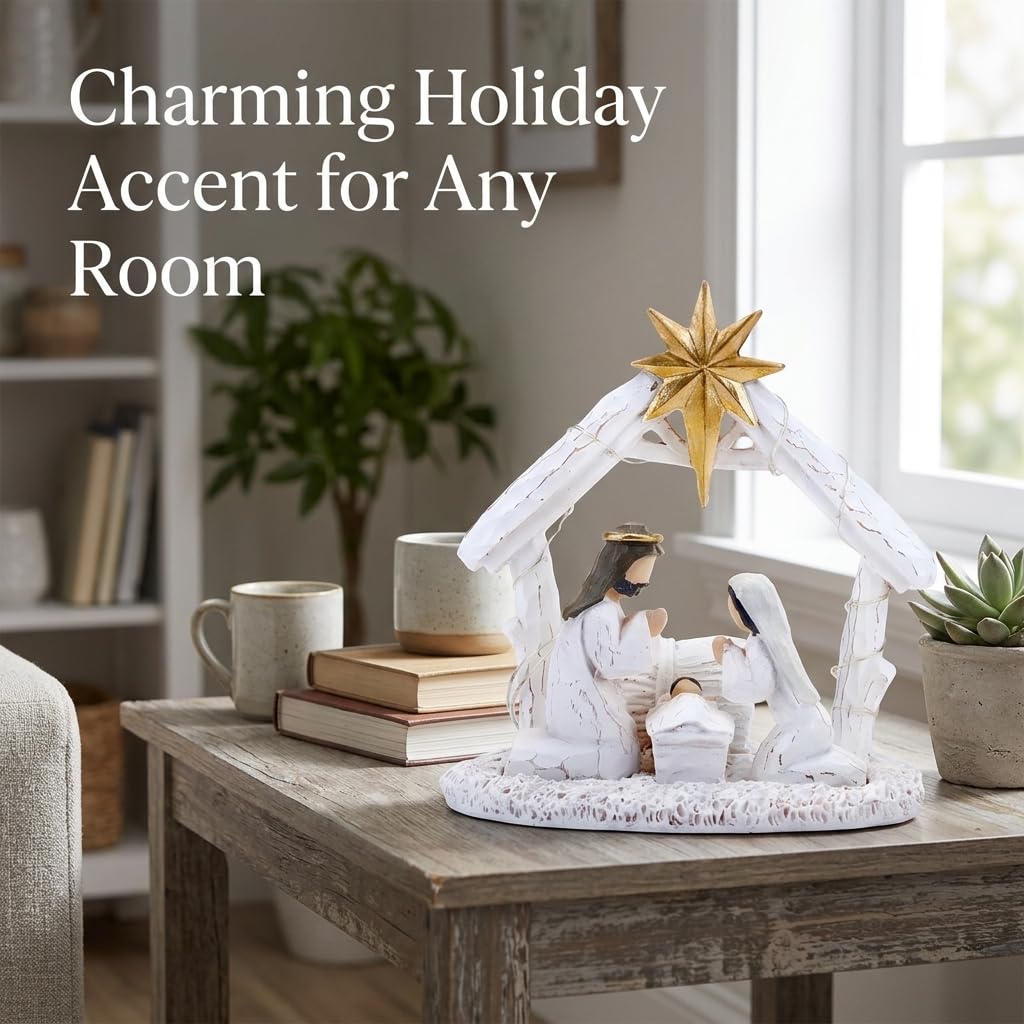 Crèche de Noël avec lumières, Figurine sculptée Peinte à la Main – Décoration de première Histoire de Noël, mangeoire de Vacances, crèche de Noël pour décoration d'intérieur, Table