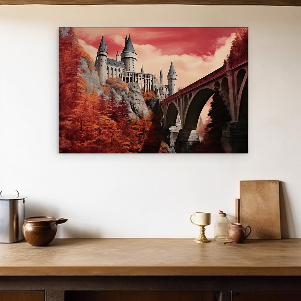 Canvas for Living room. Crimson Castle Dreamscape: Enchantment atop a Cliffside River Crossing, 27 x 18 inch Canvas Wall Art - Contemporary Masterpieces - Inspirational Office Decor