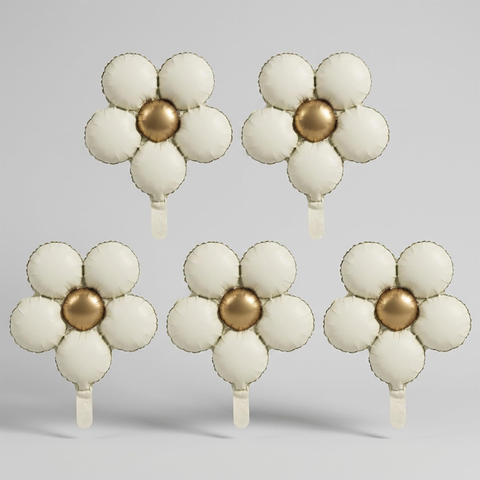 Daisy Balloons 5 Pack - Cream White Flower Foil Balloons with Gold Center for Birthday Party Decorations, Anniversary Celebration