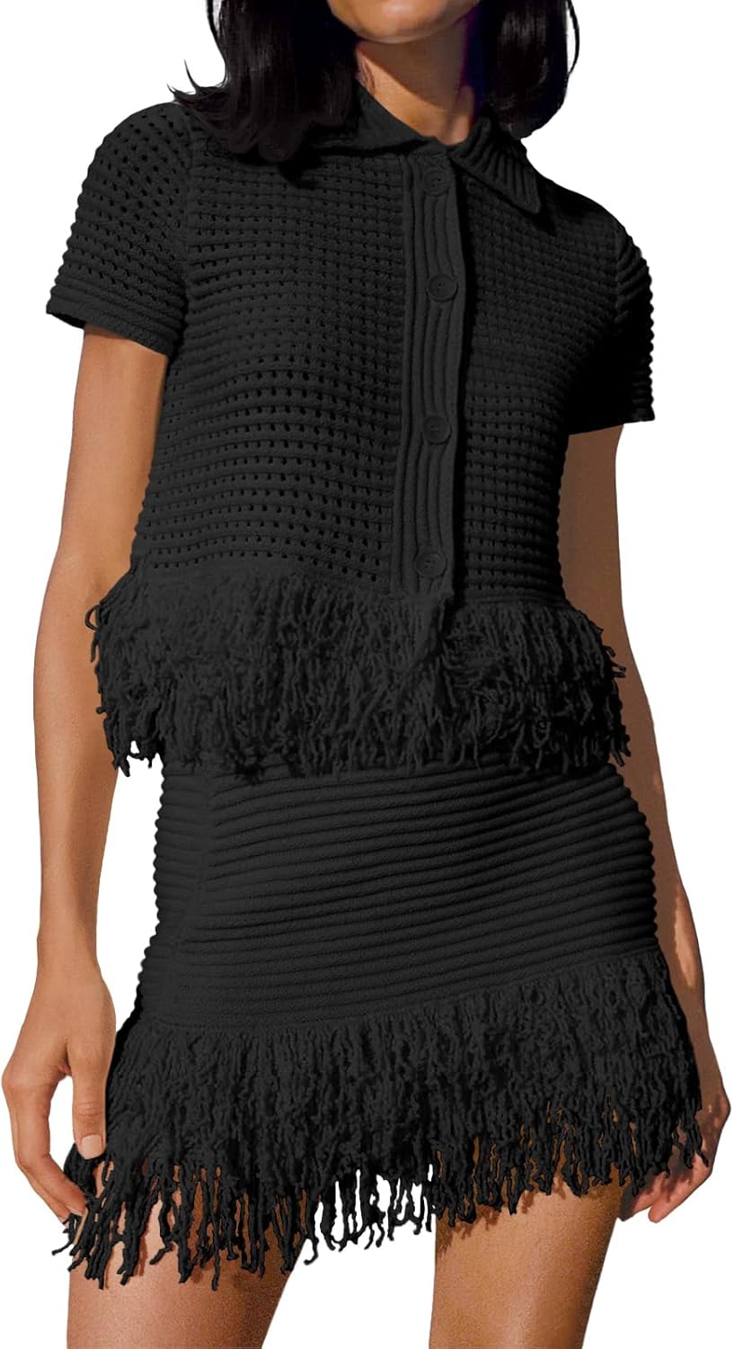 Fisoew Womens 2 Piece Crochet Outfits Short Sleeve Button Knit Sweater Tops Fringe Skirt Summer Vacation Sets Beach Cover Ups