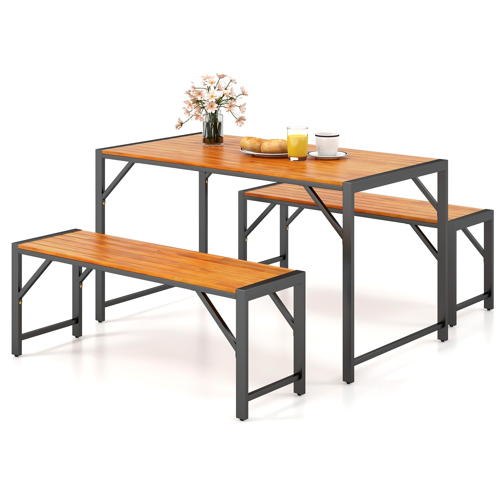 Tangkula 3 Pieces Patio Dining Set for 6 People, Outdoor Picnic Table & 2 Benches, 53” Acacia Wood Dining Table w/Metal Frame, Space-Saving Dinette