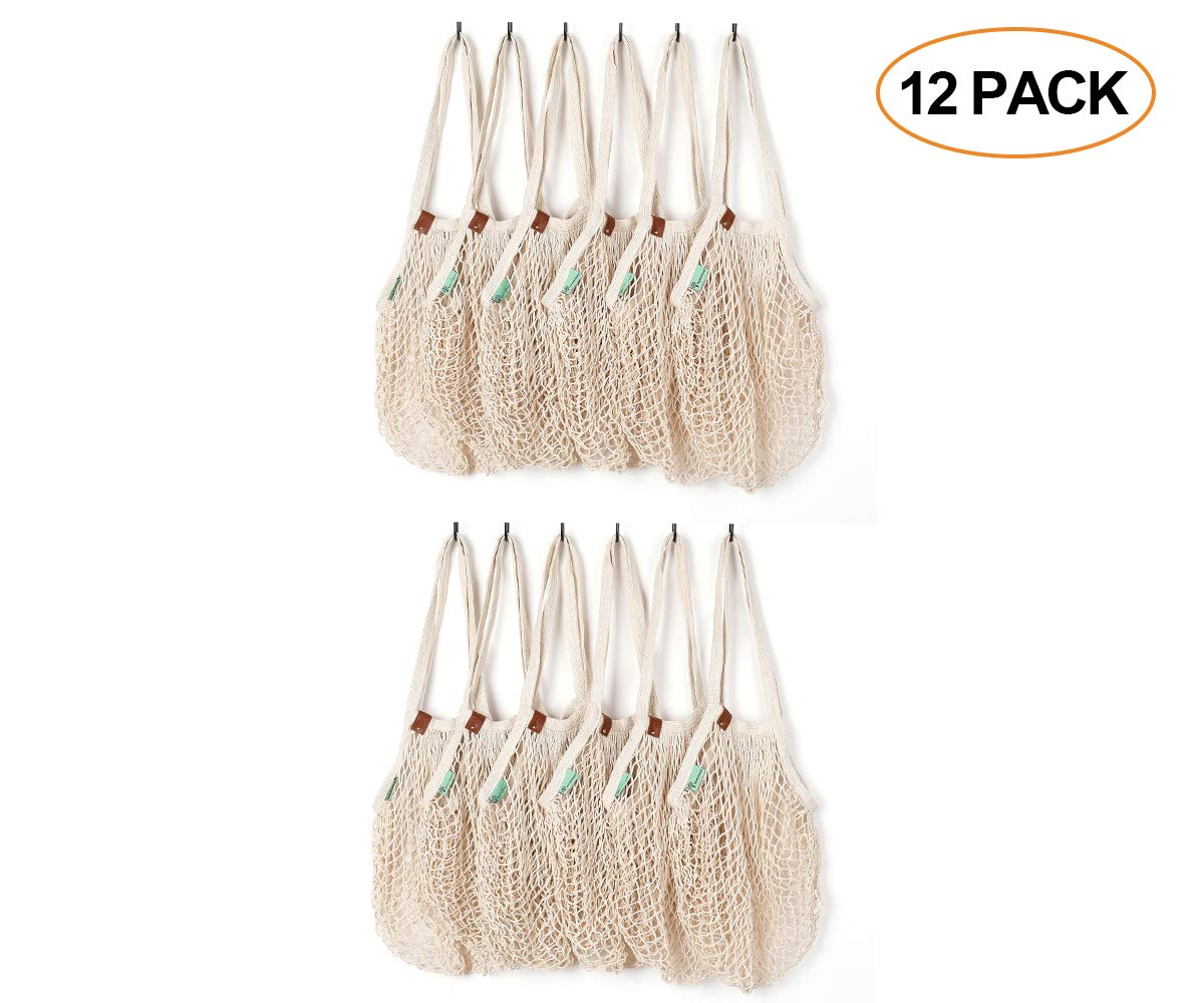 ROCKIMPACT Paquete de 12 bolsas de malla reutilizables con asas largas, color beige