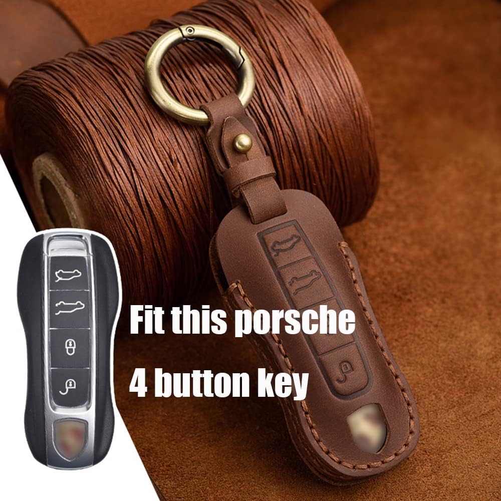 HIBEYO Smart Key Fob Case Leather Full Protection Cover Compatible with Porsche 911 Cayenne Macan Panamera Taycan 3 4 Button Keyless Entry Remote Shell Accessories-(4 Button Brown) - Image 3