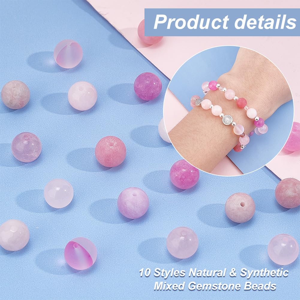 PH PandaHall 180 Perline Di Pietra Rosa - 8 Mm, 10 Stili (giada, Quarzo Rosa, Pietra Di Luna) Per Gioielli Fai Da Te - 2