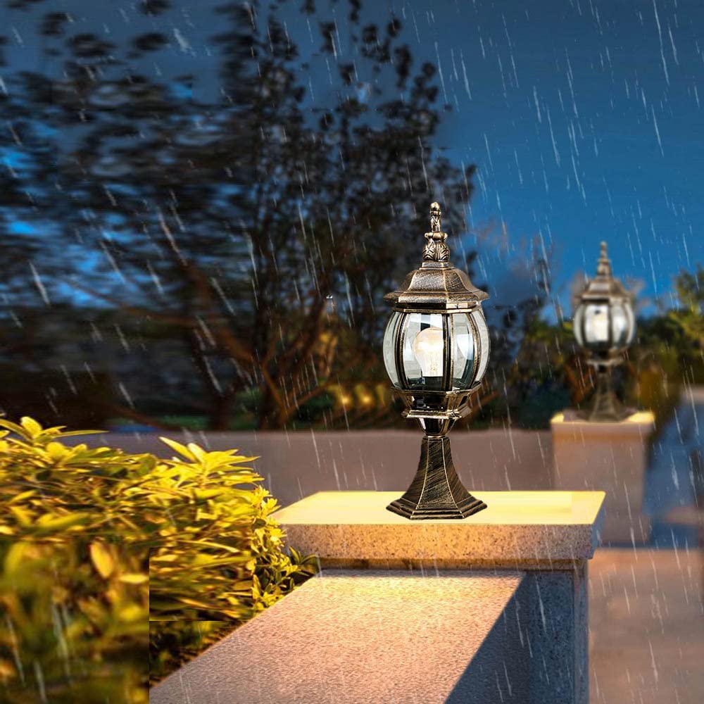 Lámpara de sobremuro de cristal de aluminio dorado antiguo E27 Farol de estilo rústico exterior Faros columna impermeable Iluminación Pilar Lámpara de pie para jardín patio terraza Césped Camino