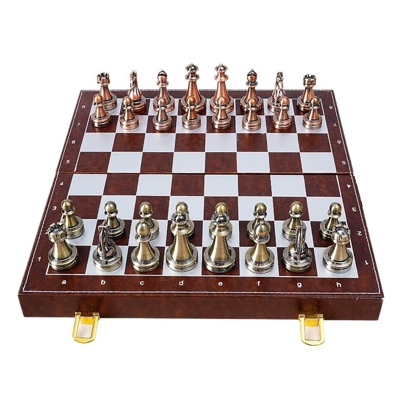tablero de ajedrez retro de metal con tablero de ajedrez de madera plegable y piezas estándar clásicas hechas a mano. Juegos de ajedrez de metal para niños y adultos