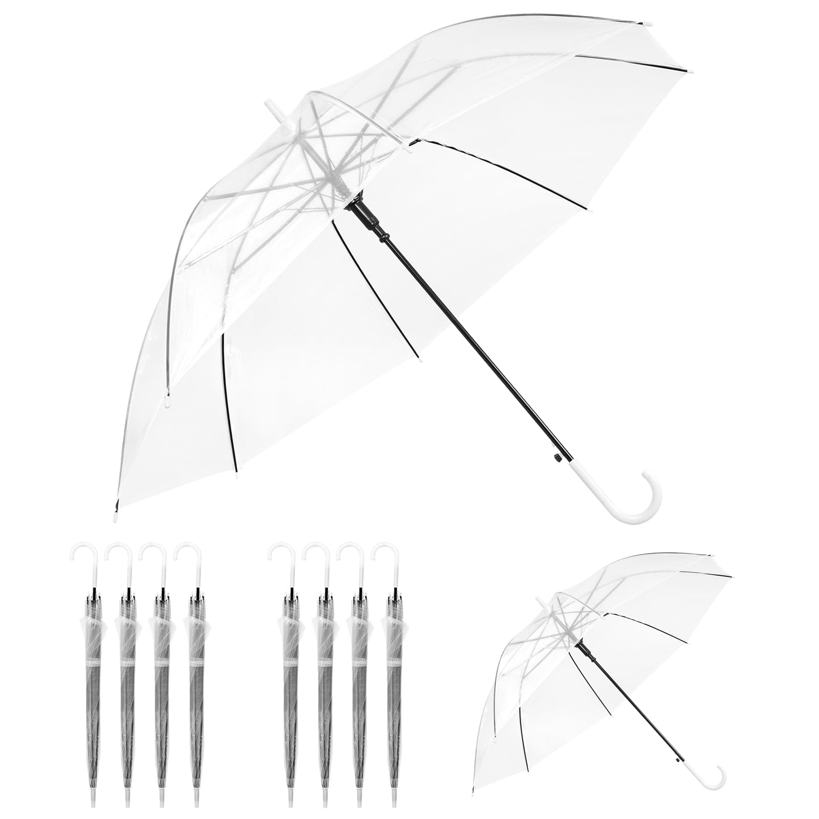 uyoyous 10pcs Einweg durchsichtig Stockschirme, Automatische transparent Regenschirm mit 8 Metal Schirmrippen Zerklüftet, Einzelschirm Ø 95 cm, Ein Personen Regenschirm
