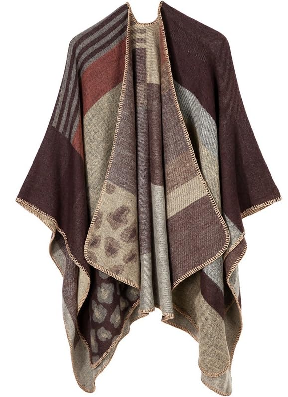 Women's Color Block Warm Shawl Wrap Poncho Cape Open Front Long Winter Coat
