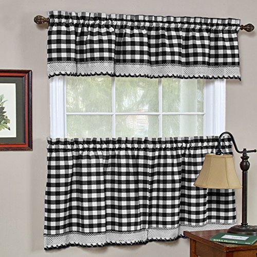 Image of Sweet Home Collection Buffalo Check Gingham Kitchen Window Curtains Valance Set, 24 inch Tier, Black /White