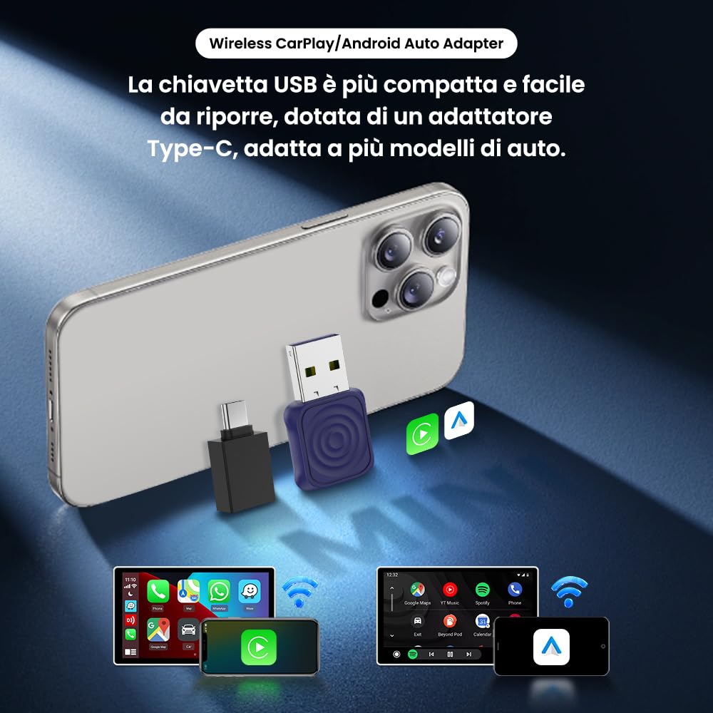 CarlinKit Adattatore auto wireless CarPlay e Android 2026, aggiorna la connessione cablata a wireless, Plug & Play con USB-A/Type-C, funziona con iPhone iOS 10+ e Android 11.0+