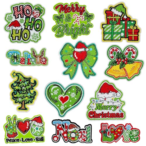 Allazone Iron on Patches Embroidered Sew Applique Repair Patch Decorative Patches Applique for Craft DIY Clothing Hat Jacket Backpack 12 PCS Green Christmas