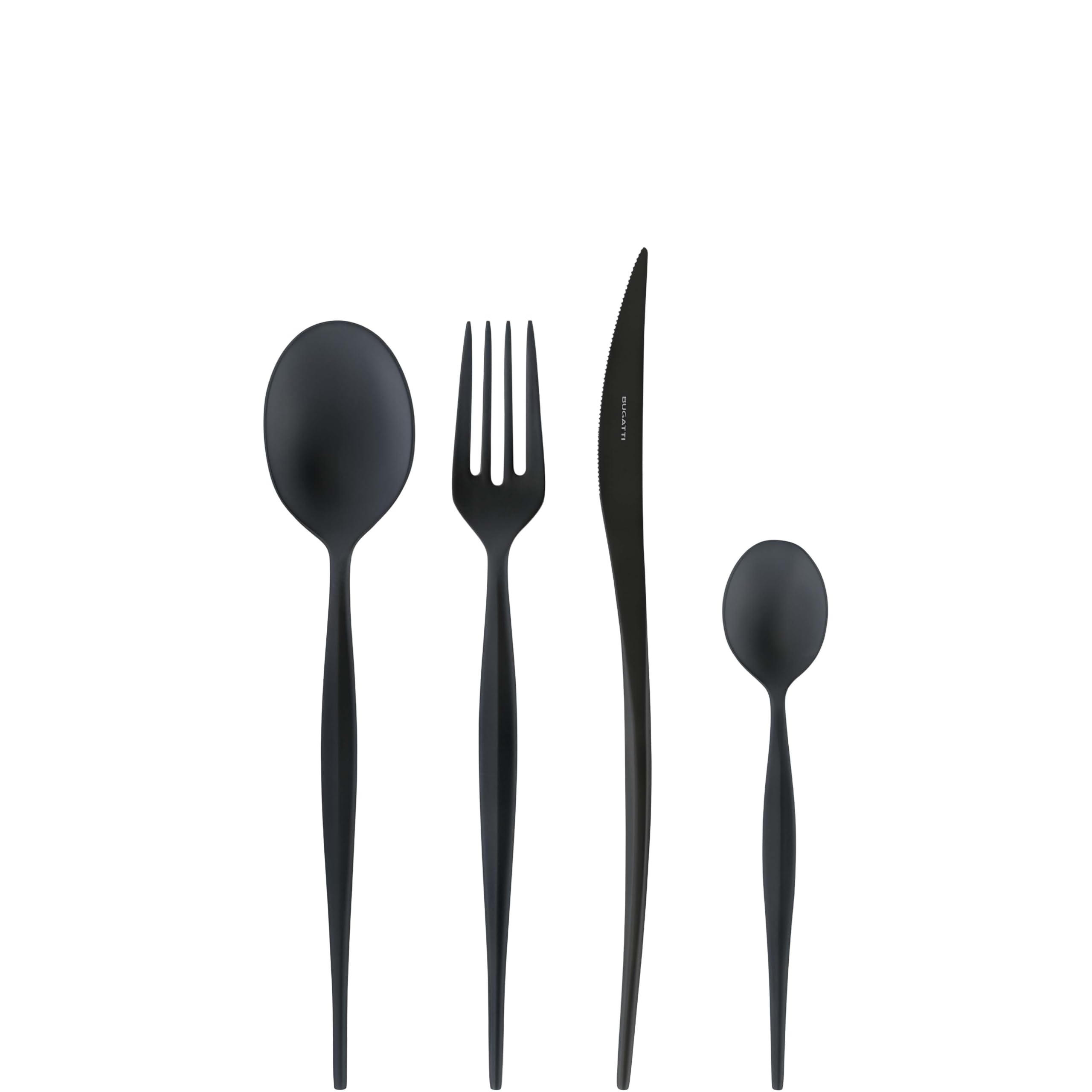 BUGATTI, Natura, Set Posate 24 Pezzi in Acciaio Inox 18/10 finitura PVD Sabbiato Nero Black Diamond con Scatola Finestra, Servizio Posate per 6, Cucchiai, Forchette, Coltelli e Cucchiaini Caffè