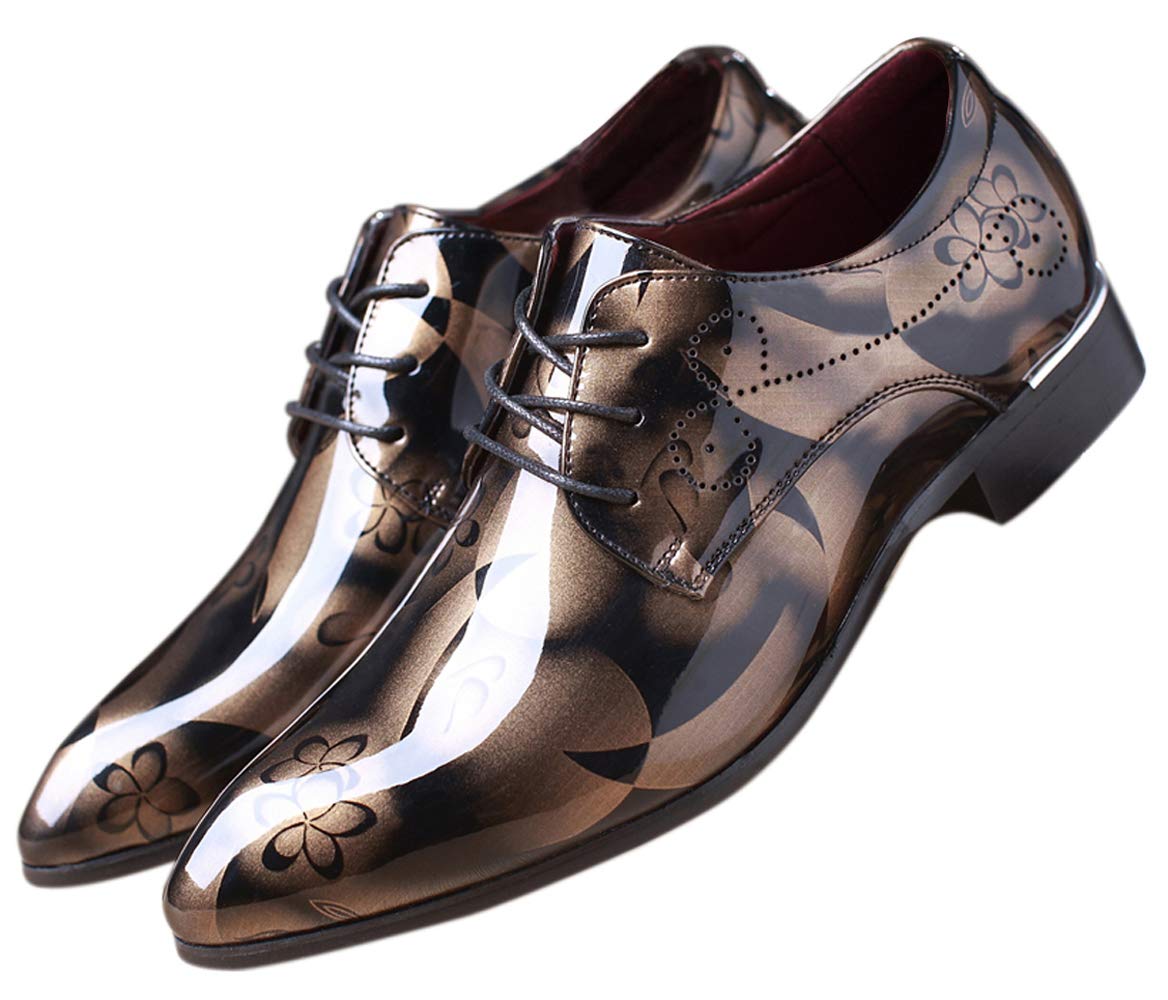 Men Fashion Shoes Dress Pointed Toe Floral Patent Leather Lace Up Oxford Black Brown Red Grey