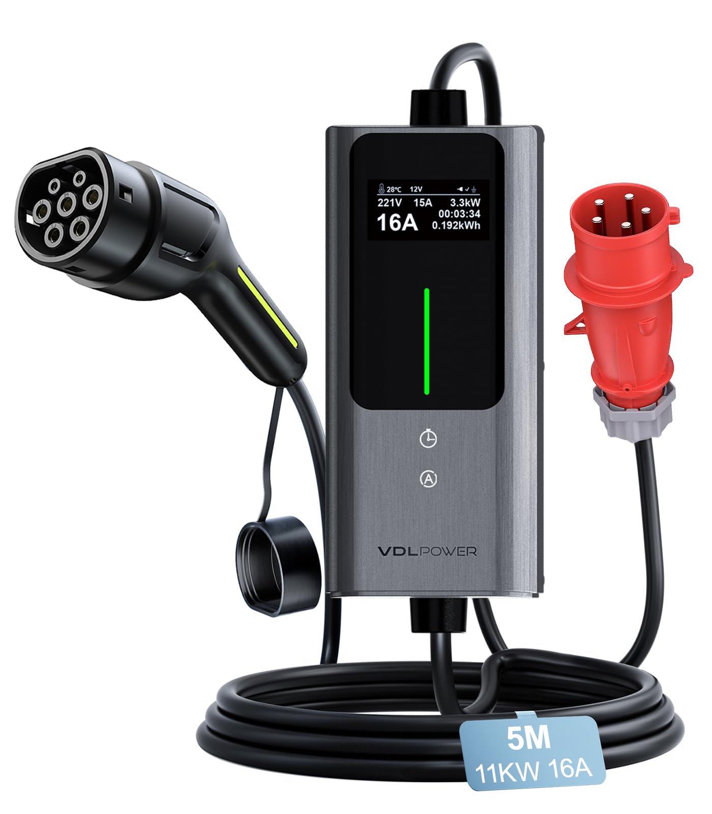 Chargeur Voiture Electrique | 6-16A | 11kW | 5 Mètre Type 2- Triphasé CEE Portable EV Chargeur Station de Charge Mobile/Wallbox, Puissance réglable, Temps de réglage