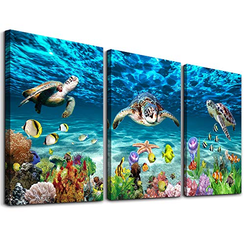 MHARTK66 Ocean Turtle Canvas Wall Art for Living Room Blue Sea Underwater Landscape Modern Artwork Bathroom Pictures Bedroom Wall Decor