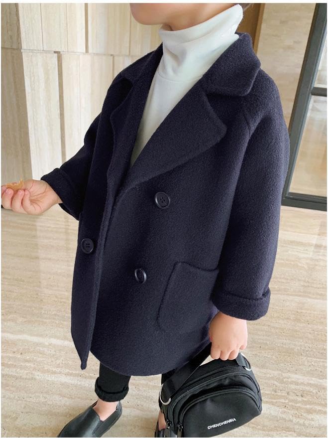 Kids and Boys Girls Warm Medium Long Woolen Coat Lapel Tweed Jacket for 2 to 6 Years4