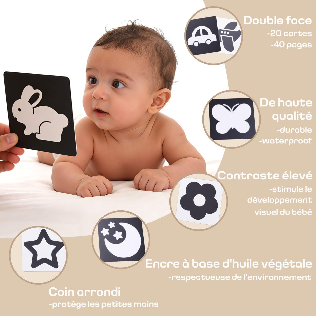 Kit jouet Montessori pour bébé avec Jouets d’Éveil en Bois Naturel, Cartes Visuelles Noir et Blanc, Panier en Coton Premium – Cadeau Naissance, Hochet Dentition, Développement Sensoriel