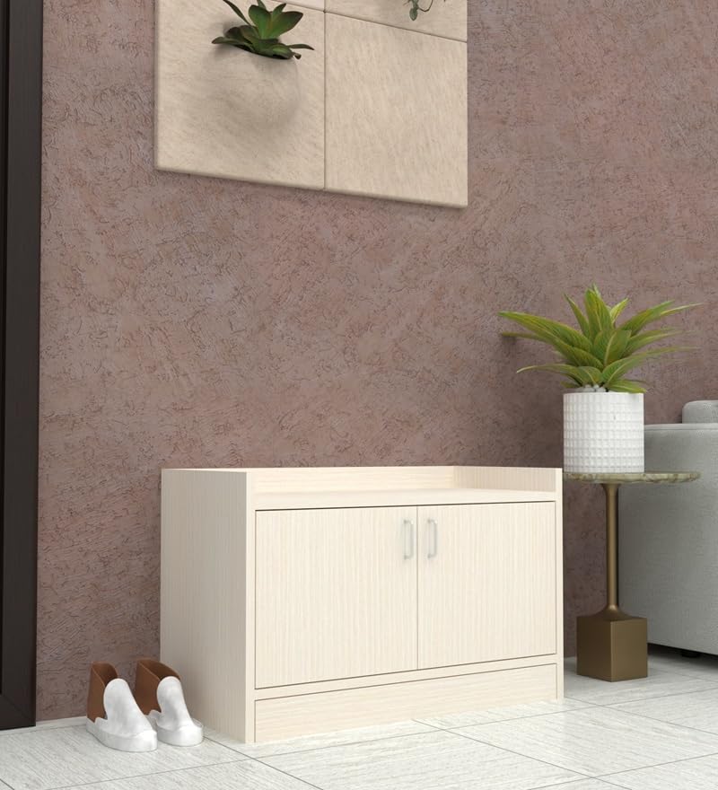 Image of SPECIALITY PANELS 2 Door Shoe Rack with Cushion | 2 Door Shoe Cabinet with Storage Bench | Shoe Organizer for Entryway Home Living Room | 75 x 49 x 37.5 cm Storage | DIY Assembly | Ivory Finish