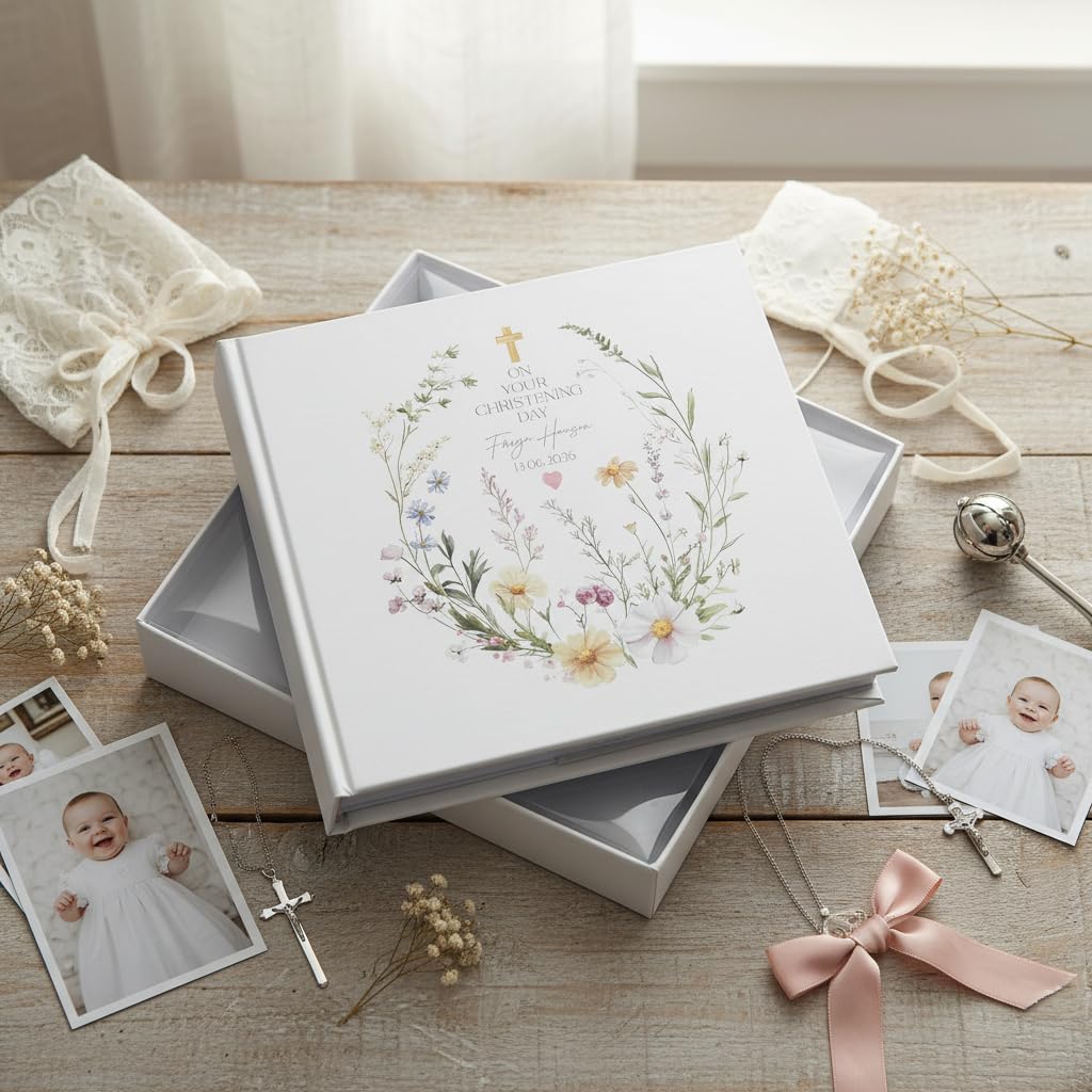 Personalised Christening Baptism Communion Photo Album, Floral Design, Holds 50 Photos, with Writing Space, Gift Box Included — view 3