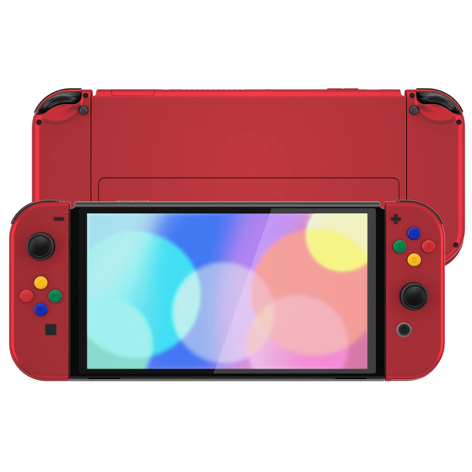 eXtremeRate Cover Pulsanti Tasti Ricambio per Nintendo Switch OLED Console Joycon,Custodia Posteriore Controller Scocca&Supporto Kickstand Metallo per Nintendo Switch OLED-Rosso Vampiro