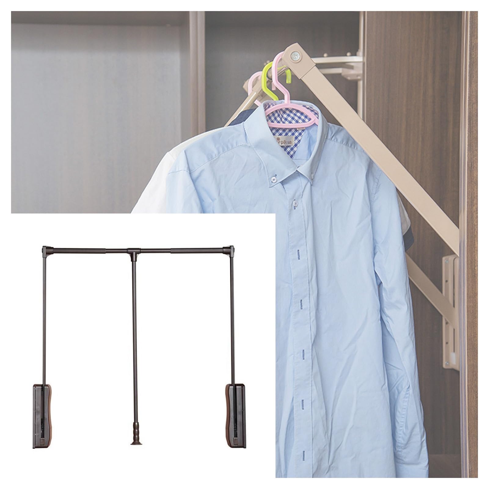 GTHTUHFD Adjustable Pull Down Closet Rod, 550-1250Mm Pneumatic Clothes Rail, Heavy-Duty Wardrobe Hanger, 20Kg Load Capacity, Space-Saving Solution Black-700-930mm