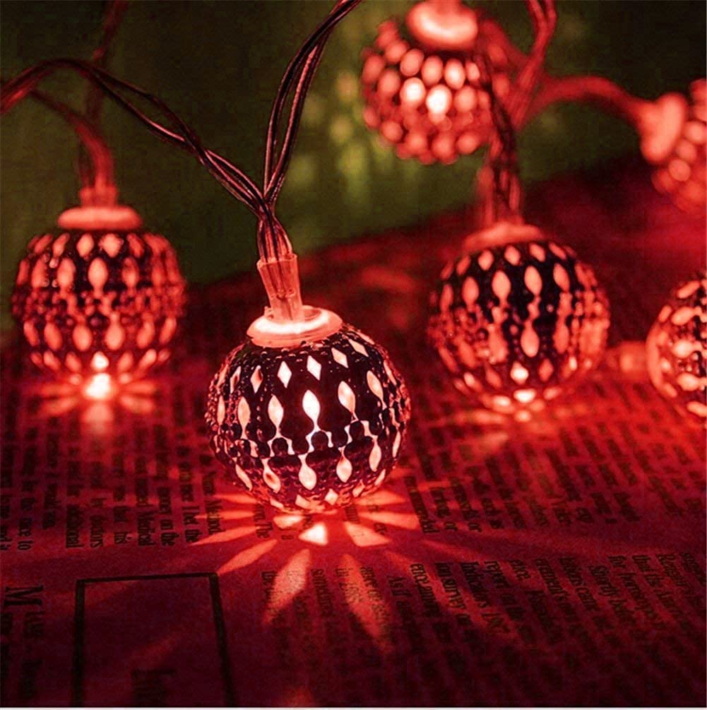 Hulx Red Moroccan String Lights, 3M 20Led Moroccan Ball Outdoor String Lights Metal Ball Lights Moroccan String Light Metal Fairy Lights Battery (Red)