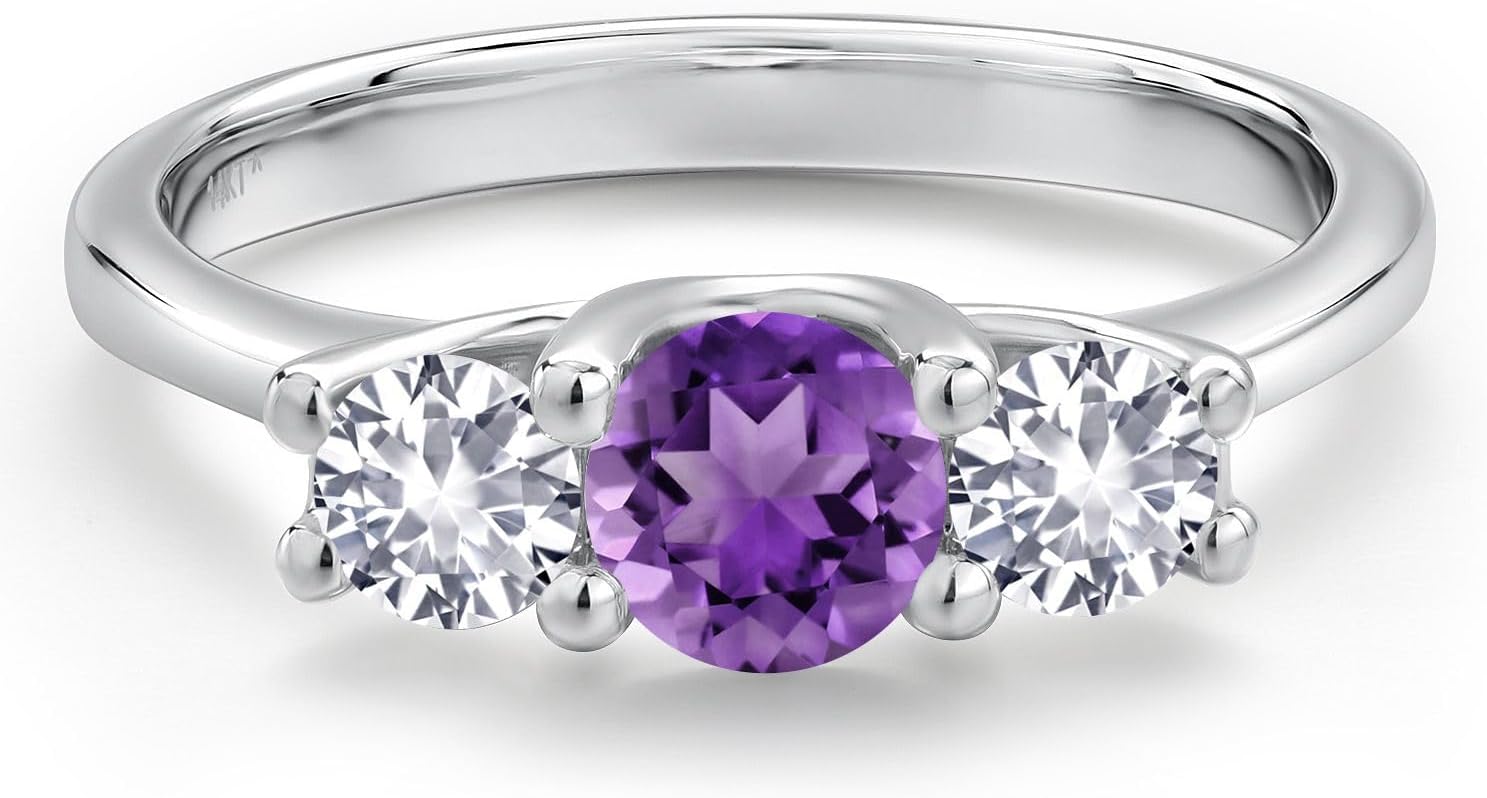 Gem Stone King 14K White Gold Purple Amethyst & White Created Sapphire 3-Stone Engagement Ring | 0.98 Cttw | Round 5MM and 4MM | 3 Stone Wedding Anniversary Promise Ring For Women - Image 3