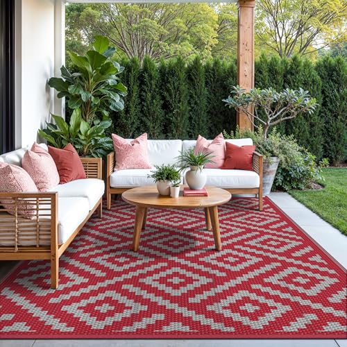 Image of GENIMO Outdoor Rug, Waterproof Plastic Rugs for Patio, 6'x9' Red Grey