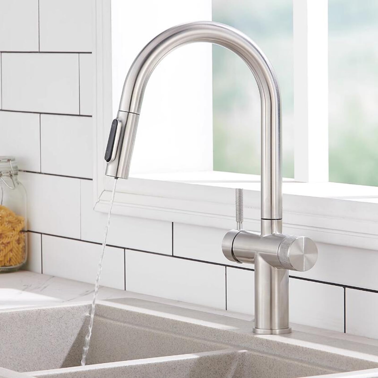 HTTGDGDH 3Way Kitchen With Pulldown Sprayer Stainless Steel Osmosis Filter Compatible Swivel Design Modern Brushed Finish Easy Installation,