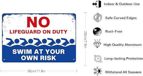 Miniatura 2 de KanaAt Letrero de metal con texto en inglés Warning Swim No Lifeguard on Duty, diseño vintage retro para piscina, playa, patio, lago, casa,