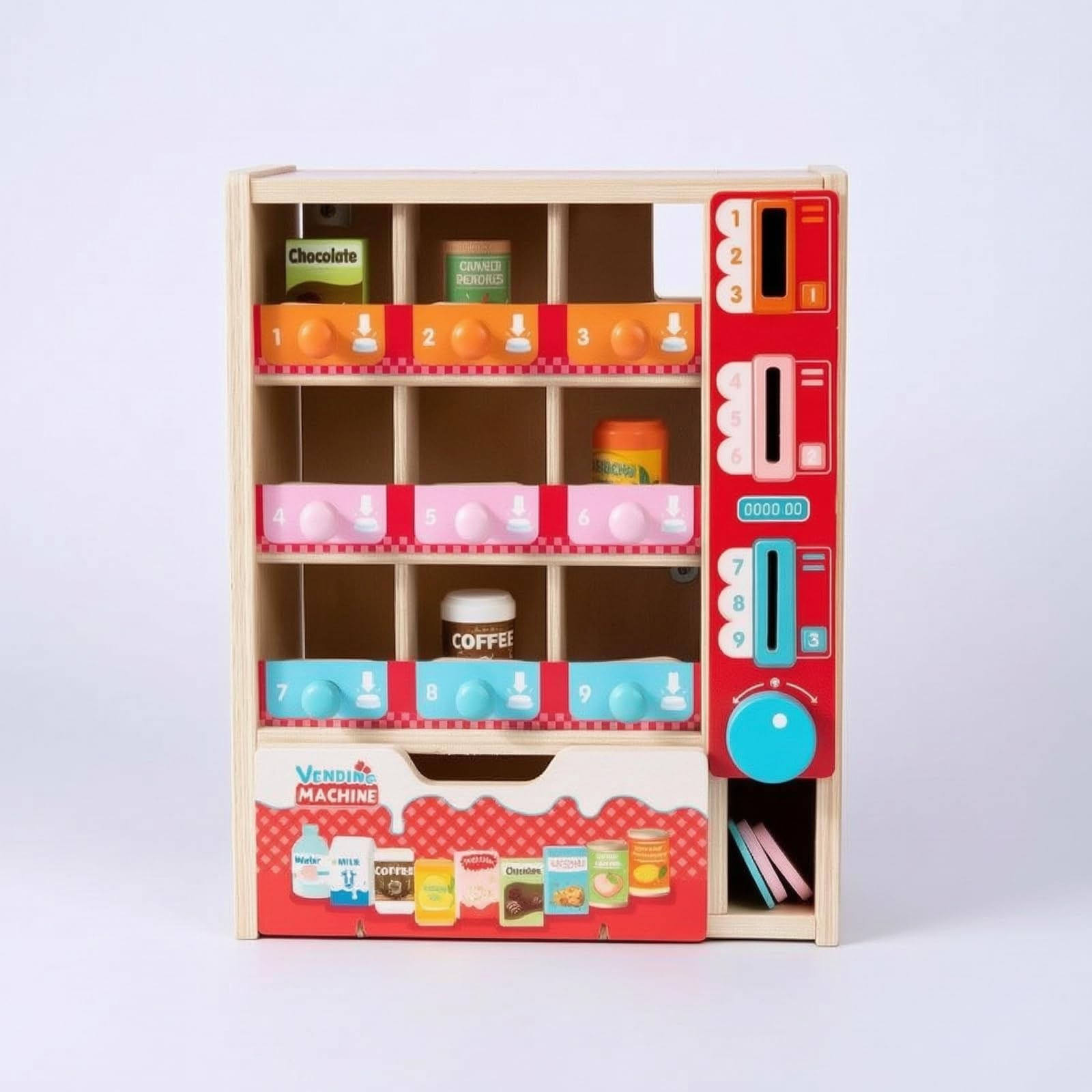 Kinder Verkaufsautomat Holz Spielautomat Snackspender Spielzeugautomat Inklusive Spielmarken Behälter Flasche Becher Schublade für Frontfächer für Rollenspiele Lernspiele Kinderzimmer