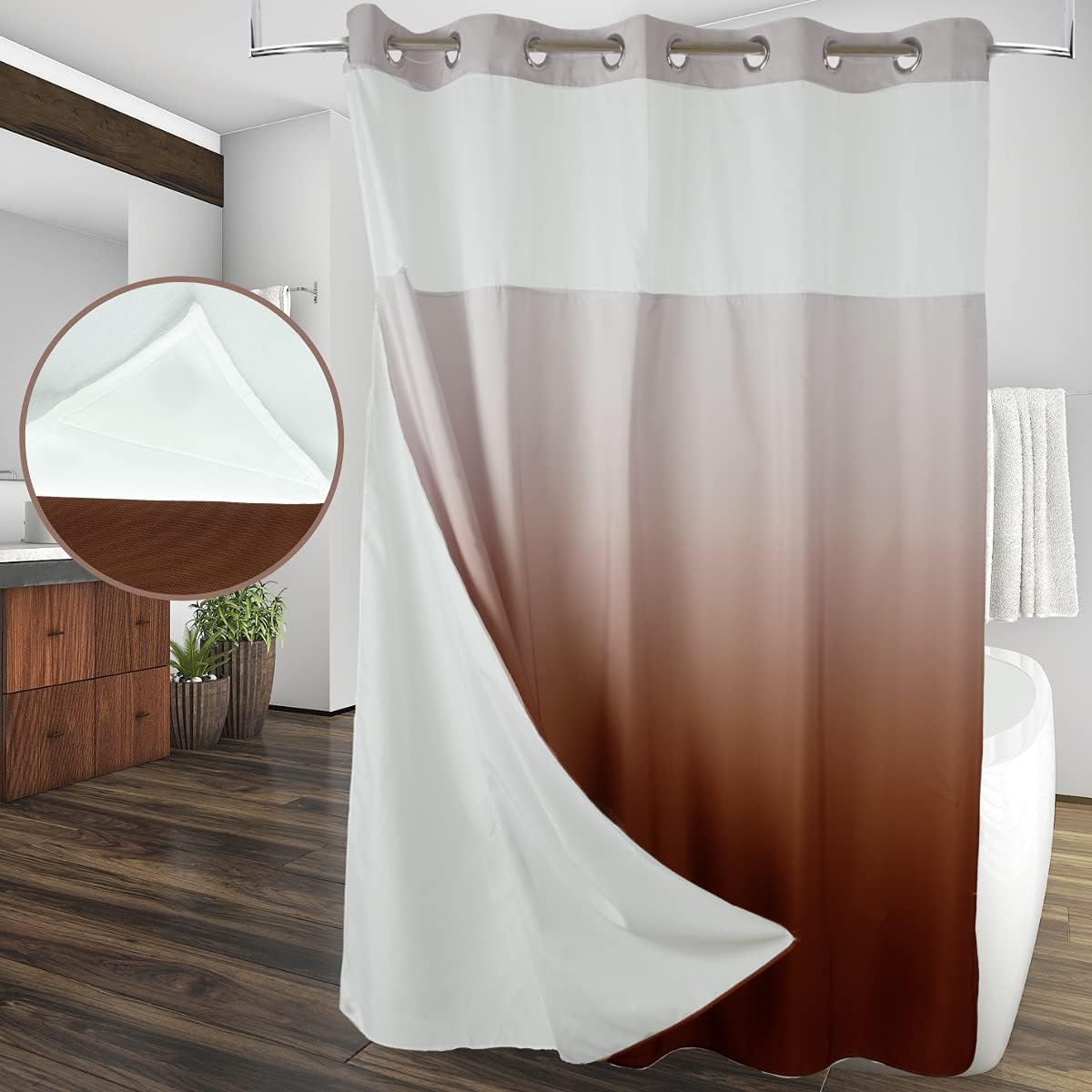 Ecoehoe Long 71x79 Hotel Grade Fabric Hook Free Shower Curtain with Polyester Magnets Snap-Off Liner –100% Waterproof Machine Washable Top See Through Mesh Window Coffee