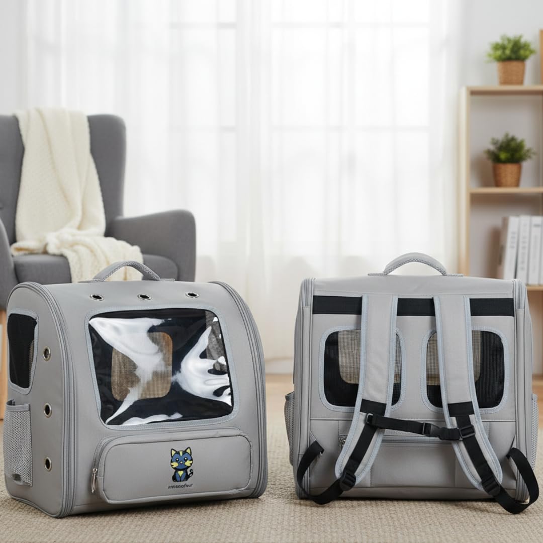 Sac de Transport pour Chat avec fenêtre panoramique – Structure Rigide, Ventilation Multiple – 45×30×40 cm (Gris foncé)