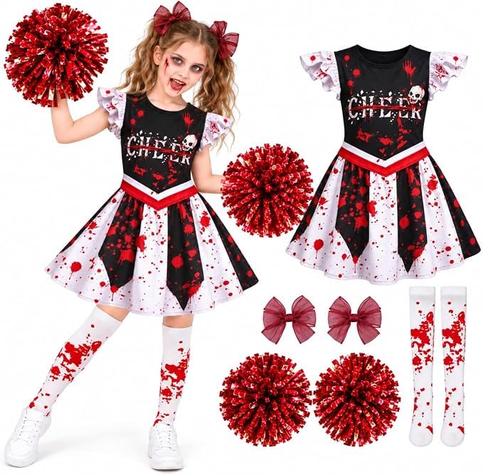 Zombie Cheerleader Halloween Costume for Kids Ages 18M-12Y,Zombie Fancy Dress Outfit for Girls with Pom Poms Tights Red High School Cheerleader Costume and Hair Clips Easy Halloween Kids Dress Up Pack