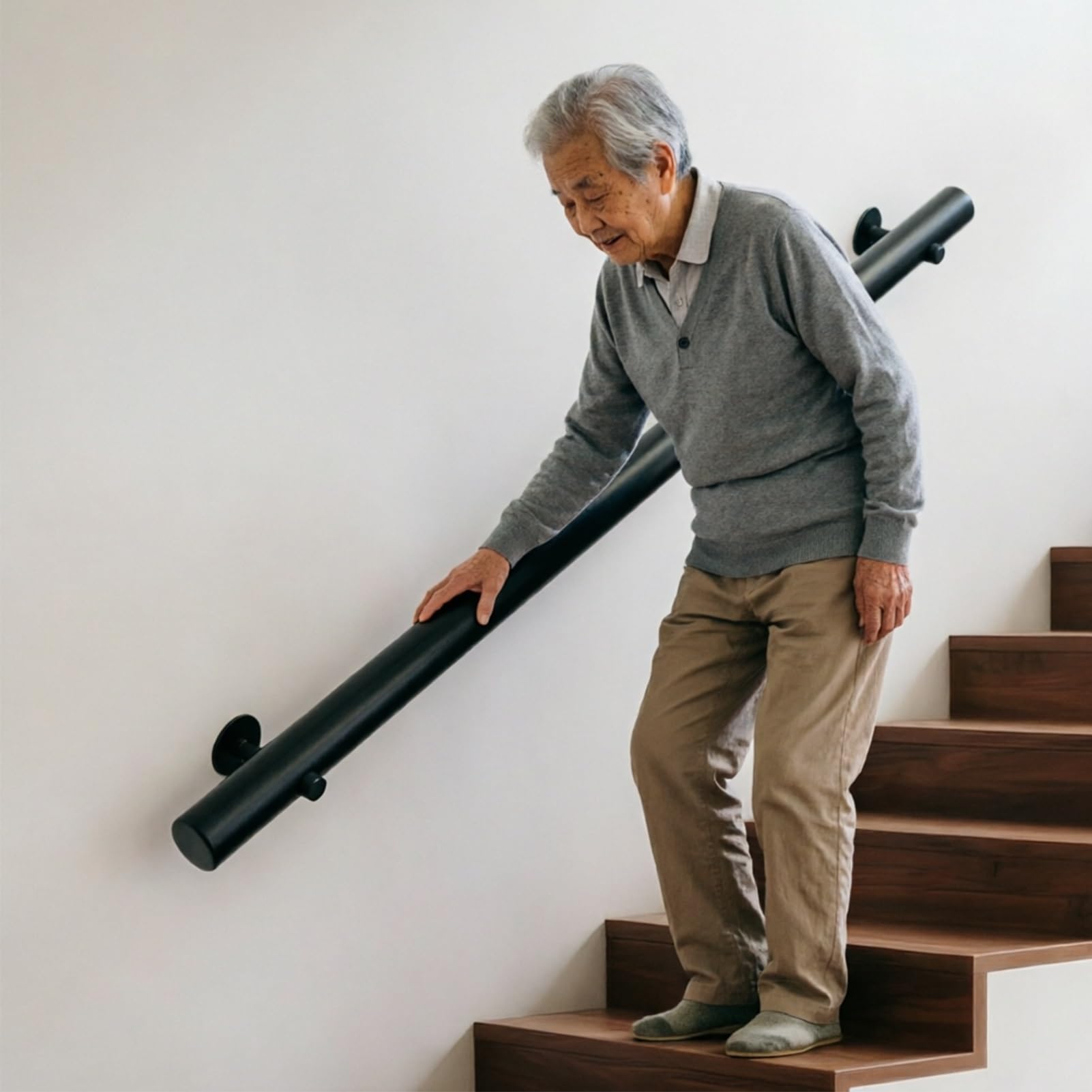 DMCHENGMA Wall Mounted Wooden Handrail Kit - Anti-Slip Black Round Support Handle for Elderly Safety & Mobility | Corridor Sturdy Rail(15ft/450cm)