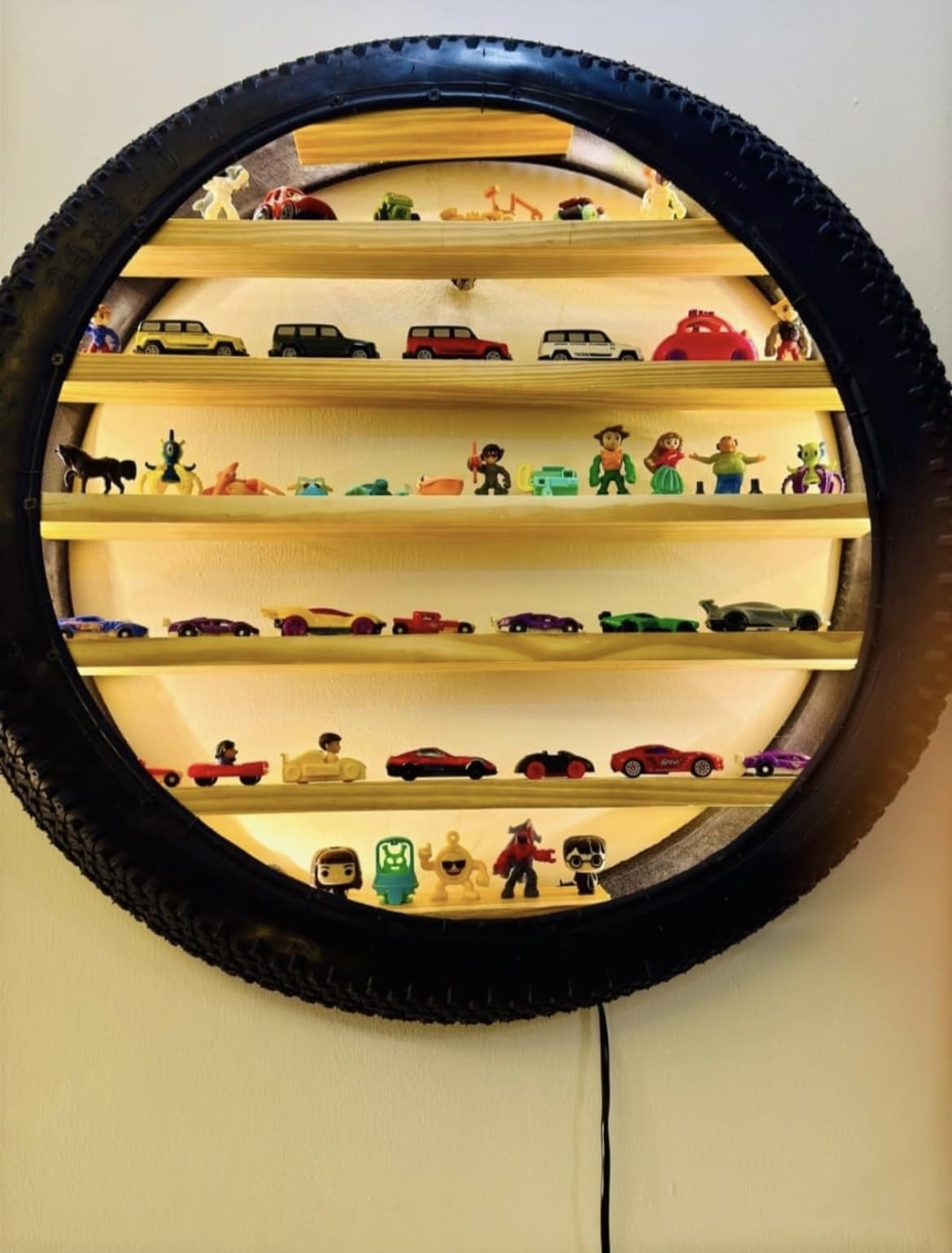 Apnatva 24 Inch Wooden Wall Hanging Lighting Tyre – Perfect for Home Decor, Hot Wheels Display, Kids’ Toys Stand & Birthday Gift (Without Toys) (Yellow)-image-28