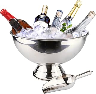 Large Ice Bucket 13L Stainless Steel Champagne Bowl Ice Bucket with Ice Scoop Semicircle Drink Tub with Integrated Base Silver Beverage Tub for Parties, Cocktail Bar, Chilling Wine (1 pack)